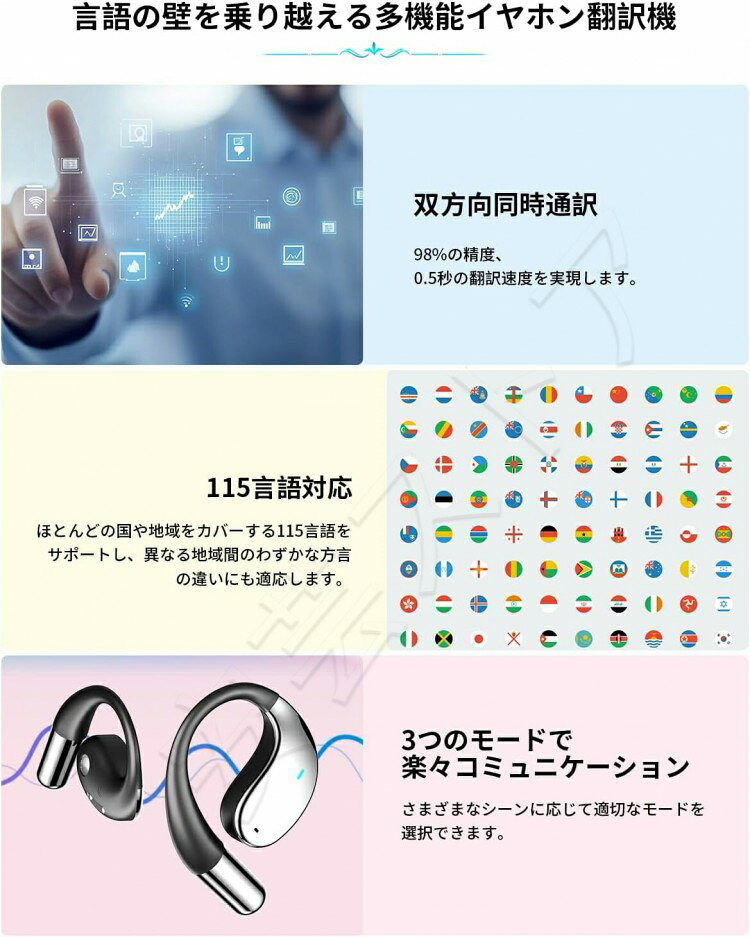 イヤホン 翻訳機 bluetooth耳を塞がない ワイヤレス 115言語対応 双方向同時通訳 ...