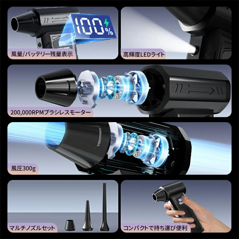 【風速80m/s・8000mAh】エアダスター 電動ブロワー 充電式ブロアー 200000RPM ブラシレスモーター LEDライト照明 スクリーン 残量表示 四段階調整 強力 小型 エアブブロワー ミニ 除雪暴風ブロア ブロアー おすすめ