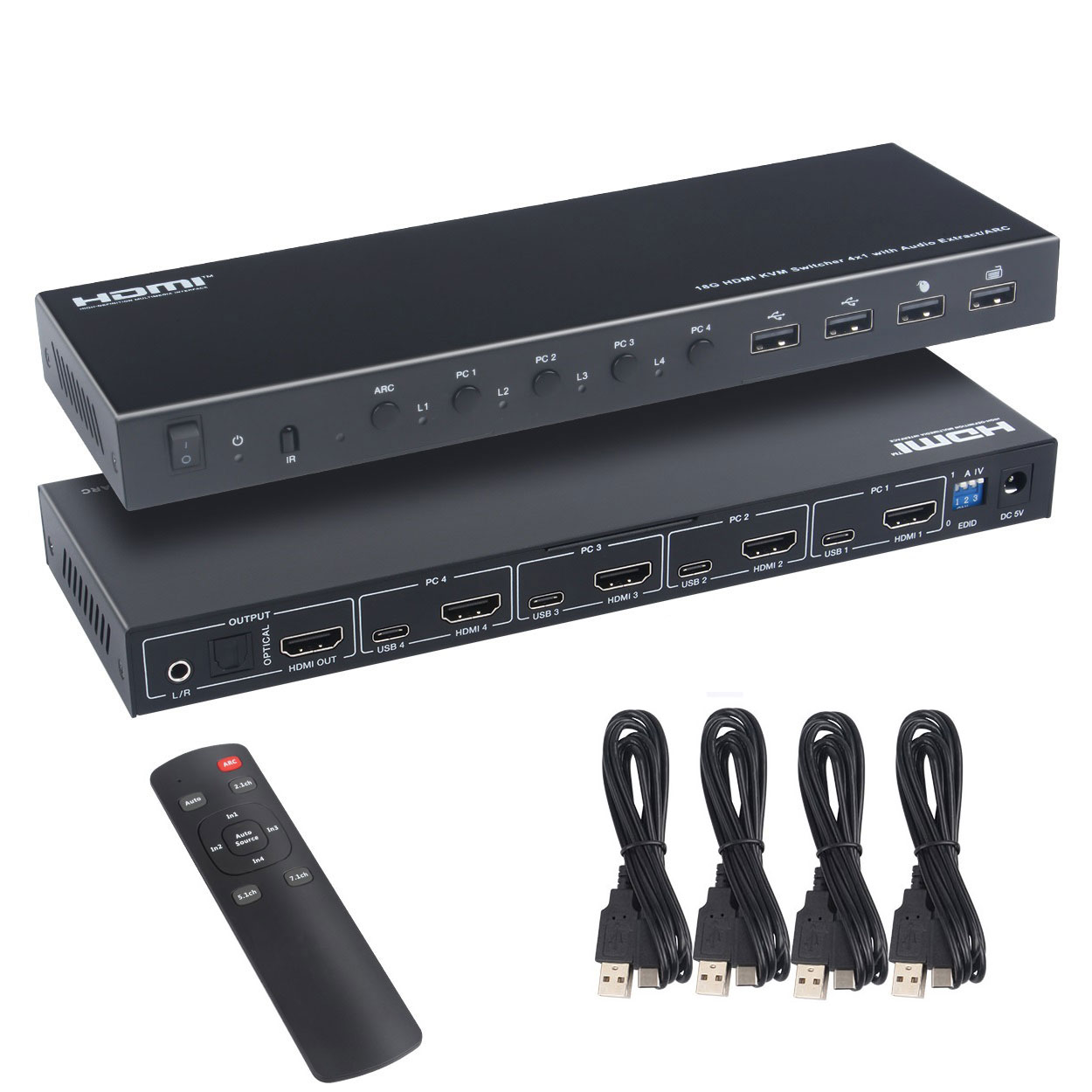 ES-Tune KVM切替器 4入力1出力 HDMI音声分離 4K60HZ HDR USB切替器 4入力4出力 USBハブ 手動切替 タイプC端子採用 USB2.0 USBケーブル付属 KVMスイッチ 光デジタル アナログ 日本語取扱説明書付