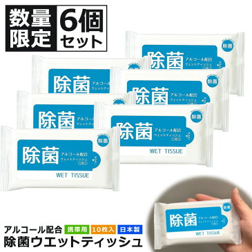 【メール便】 除菌ウエットティッシュ 携帯用 10枚入×6個セット(60枚) アルコール配合 日本製 ハンディ 手 除菌 ウェットティッシュ アルコール除菌 除菌シート 除菌ティッシュ 2923521【代引/同梱不可】