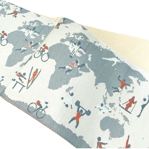 大人気商品おりびと半幅帯 織美桐　半巾帯　日本製　リバーシブル半幅帯　正絹　絹100％　オリンピック　スポーツ　パラリンピック　水色　世界地図のサムネイル