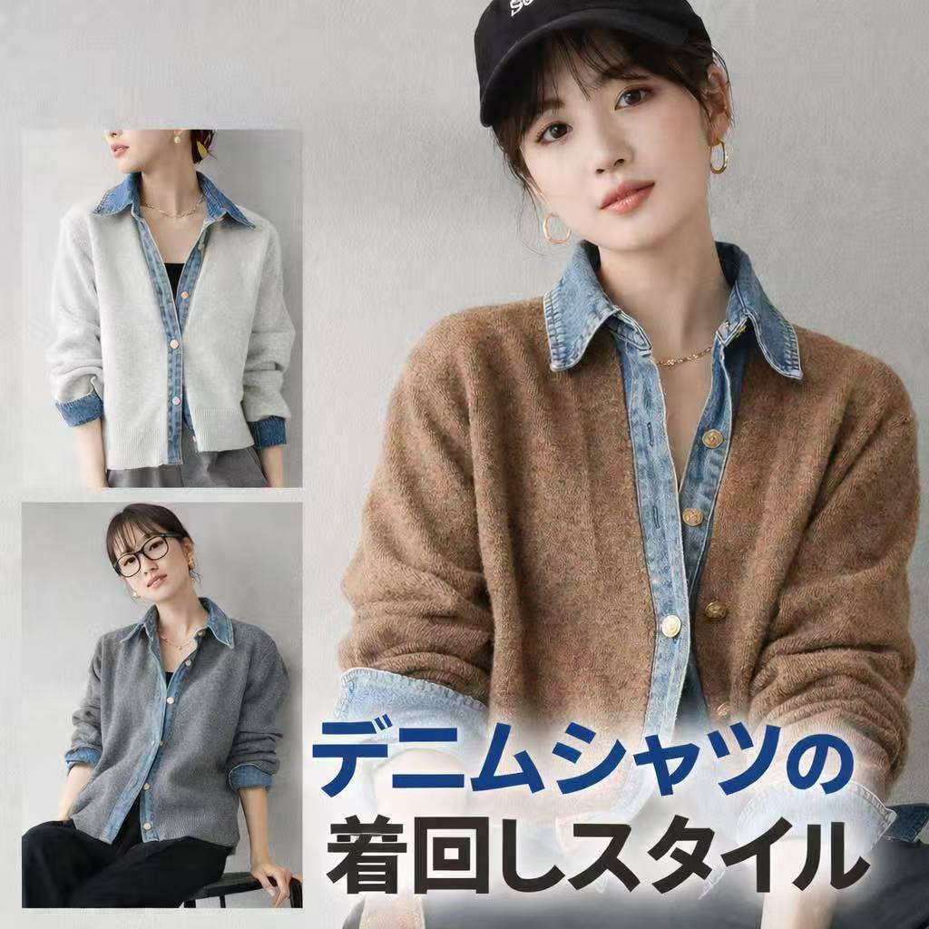 コーデ売り デニムシャツ＆刺繍 スウェットカーディガン 重ね着 トップス コーデ売り デニムシャツ＆刺繍 スウェットカーディガン 重ね着