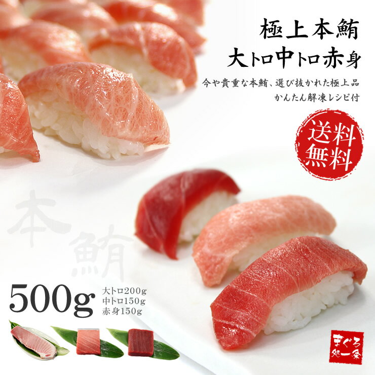 【送料無料】本マグロ大トロ・中トロ・赤身たっぷり500g！全部揃った本まぐろセット。解凍レシピ付（お歳暮 ギフト まぐろ 鮪 刺身 海鮮丼 手巻き寿司 おつまみ 御祝 内祝 誕生日 贈り物 プレゼント お年賀）《pbt-bf8》〈bf1〉yd9[[大中赤セット]