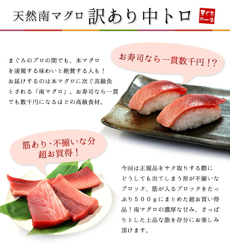 天然南マグロ訳あり中トロ500g(2〜4ブロック)甘みが濃く色の良い南まぐろをお届け！形不揃い・筋のある訳あり品ですが味や品質は抜群！解凍レシピ付（ミナミ 母の日 父の日 寿司 手巻き寿し おつまみ 刺身 焼津 インド鮪）《pbt-sb3》〈sb1〉[[天然南マグロ中トロ500g]