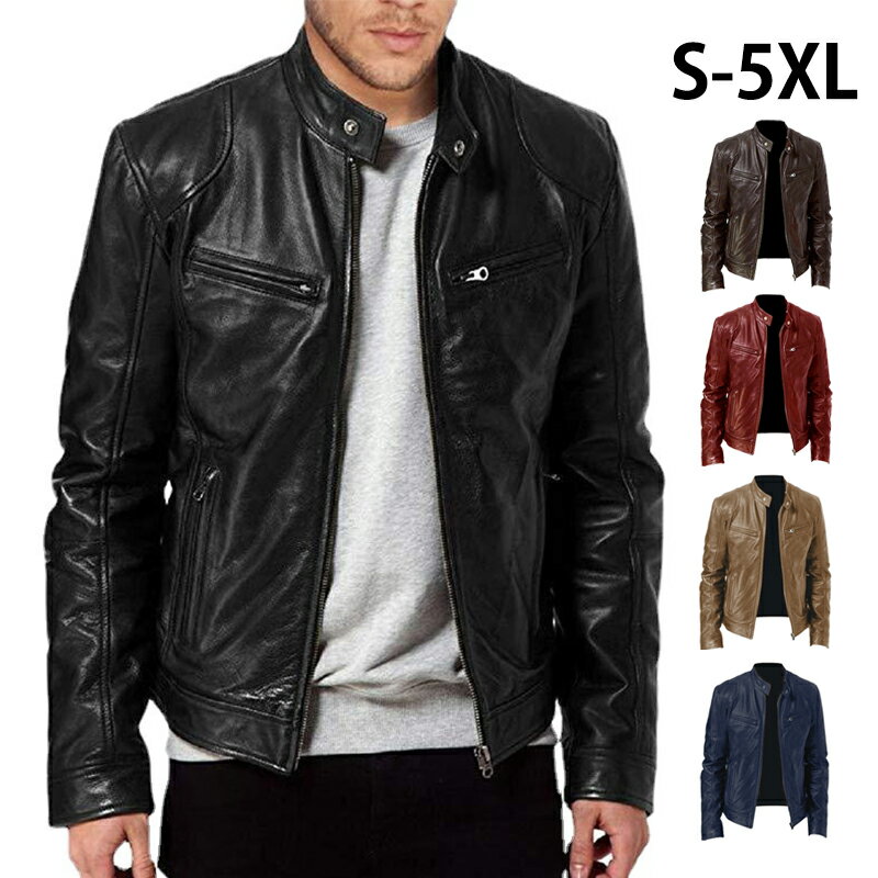 革ジャン メンズ おしゃれ レザージャケット 立ち襟 細身 バイク ライダース 合成...