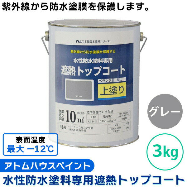 あす楽 アトムハウスペイント:水性防水塗料専用遮熱トップコート 3kg グレー 4971544230504 FRP ウレタン ベランダ バルコニー 陸屋根 防水 セット 補修用品 防カビ