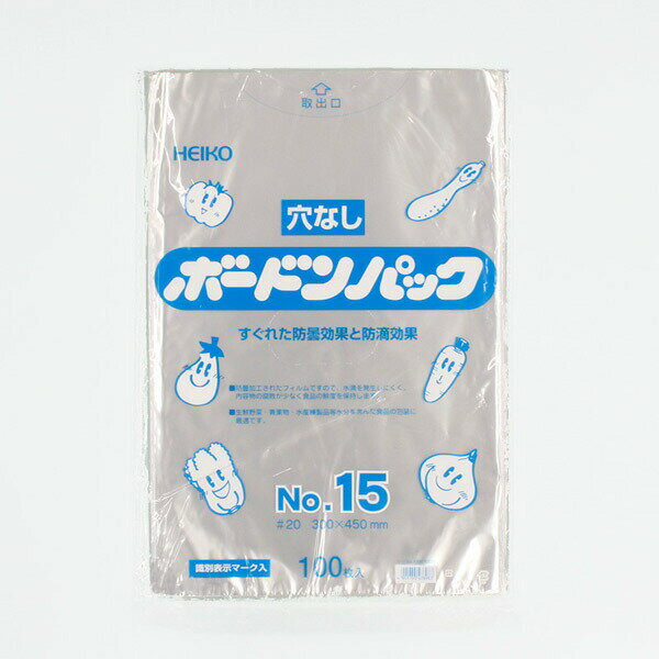 HEIKO(ヘイコー)の一覧はこちら●商品サイズ：厚0．02×幅300×高450mm●商品材質：OPP●商品説明：防曇加工を施したフィルムを使用したポリ袋です。水滴の発生を抑え、野菜の腐敗を防止し鮮度を保持する効果があります。空気穴のないタイプ。食品衛生法規格基準適合商品です。●入数：100枚JANCD：4901755478983【銀行振込・コンビニ決済】等前払い決済予定のお客様へ当商品は弊社在庫品ではなく、メーカー取寄せ品でございます。在庫確認後に注文確認を行い、お支払いのお願いを送信させて頂きます。休業日、14:00以降のご注文の場合は翌営業日に上記手続きを行います。お時間が掛かる場合がございます。