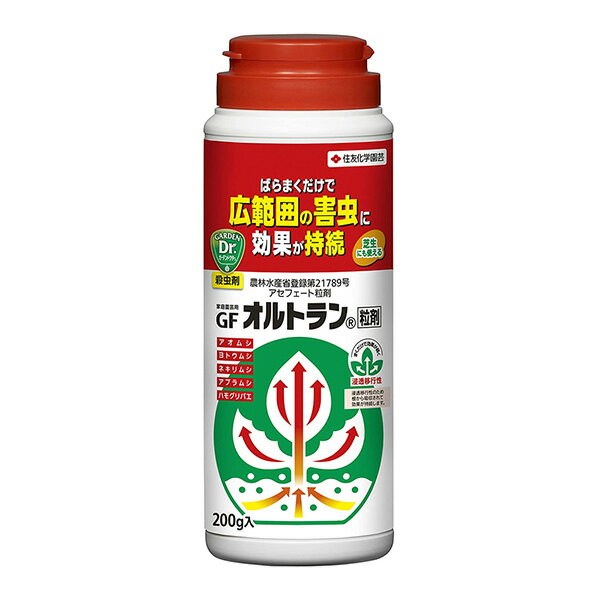 住友化学園芸の一覧はこちら散粒容器入りですので手を汚すことなく手軽に使用できます。ばらまくだけで広範囲の害虫に効果が持続する殺虫剤。吸汁性害虫（アブラムシ等）及び食害性害虫（ヨトウムシ、アオムシ等）に効果のある浸透移行性殺虫剤です。効果が持続しますので、広範囲の園芸害虫の防除に適しています。●有効成分：アセフェート。●農林水産省登録：第21789号。●性状：類白色細粒。●剤型：粒剤。●毒劇区分：普通物。アセフェート。鉱物質微粉等。土壌が極度に乾燥している時は使用しないでください（効果）。 芝のスジキリヨトウ、シバツトガ及びタマナヤガの防除に使用する場合、散布後1m2当り0．5～1．0Lの散水を行ってください（効果）。適用作物群に属する作物またはその新品種に本剤をはじめて使用する場合は、使用者の責任において事前に薬害の有無を十分確認してから使用してください。なお、病害虫防除所または販売店等と相談することが望ましいです。体調のすぐれない時は散布しないでください。眼に入らないように注意してください。眼に入った場合には直ちに水洗し、眼科医の手当を受けてください（刺激性）。散布中や散布当日は散布区域に小児やペットが立ち入らないように配慮してください。使用後の空容器は3回以上洗浄してから【200gボトル入】、空袋は良くたたいて中身を完全に出してから処理してください。間引き菜、つまみ菜に使用しないでください。みずかけな（水掛菜）、カラー及び花はすに使用する場合は、ほ場内に水がない状態で使用してください。また、使用後14日間は入水しないでください。ミツバチ及び蚕に影響がありますので注意して使用してください。JANCD：4975292030317【銀行振込・コンビニ決済】等前払い決済予定のお客様へ当商品は弊社在庫品ではなく、メーカー取寄せ品でございます。在庫確認後に注文確認を行い、お支払いのお願いを送信させて頂きます。休業日、14:00以降のご注文の場合は翌営業日に上記手続きを行います。お時間が掛かる場合がございます。