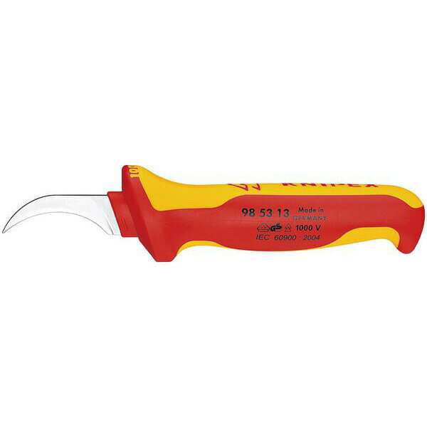 KNIPEX(クニペックス)の一覧はこちら●全長(mm)：180●刃長(mm)：50●刃の半径(mm)：40●質量(g)：70●1000V絶縁●固定タイプの鎌形フックブレード●セクターケーブルのストリッピング（皮むき）にも使用できます。●ブレードはオイル焼き入れ焼き戻し処理済み●人間工学に基づいた安全ハンドル●半透明のキャップ付き。●DIN　EN／IEC　60900基準に適合したVDE絶縁テスト済みです。JANCD:4003773026556【銀行振込・コンビニ決済】等前払い決済予定のお客様へ当商品は弊社在庫品ではなく、メーカー在庫品です。在庫確認後に注文確認を行い、お支払いのお願いを送信させて頂きます。休業日、14:00以降のご注文の場合は翌営業日に上記手続きを行います。お時間が掛かる場合がございます。