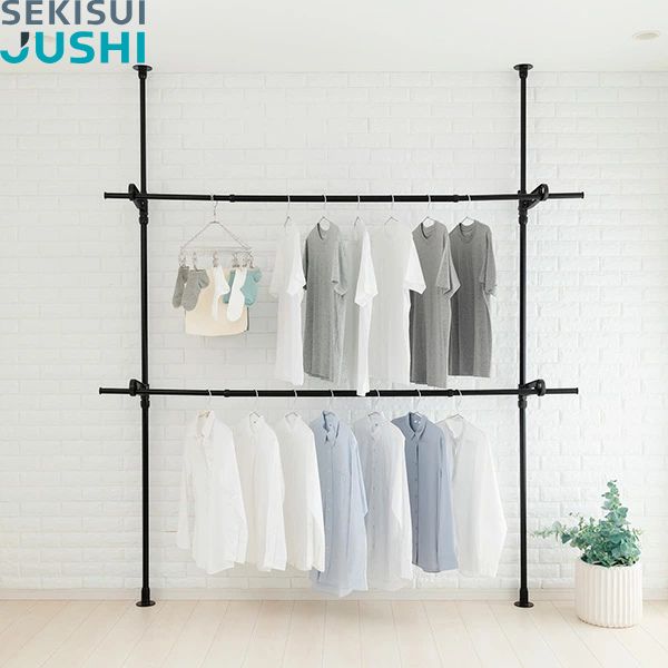 積水樹脂 つっぱり式ダブルポール TWP-BK/突っ張り/つっぱり/物干し/省スペース/黒/洗濯物干し/物干し..