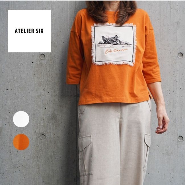 Rakuten - ATELIER SIX アトリエシックス レディースカットソー ナチュラルソフト Tシャツ 5分袖カットソー 刺繍カットソー 猫柄 猫 21268491