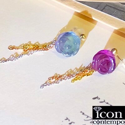 K14YG K14PG K14WG 薔薇彫刻フローライト ロングピアス ブルー パープル ハート トリカラーゴールド 'Roses Hearts'(4)