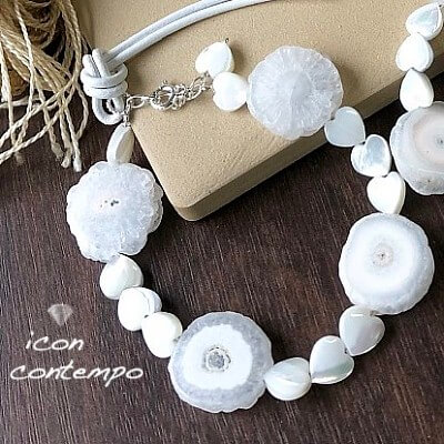 SV925 ソーラークォーツ ドゥルージー原石 ブレスレット ホワイトエクリプス原石結晶スライス ハート白蝶貝シェル レザー 太陽フラワー 'Solar Flower'