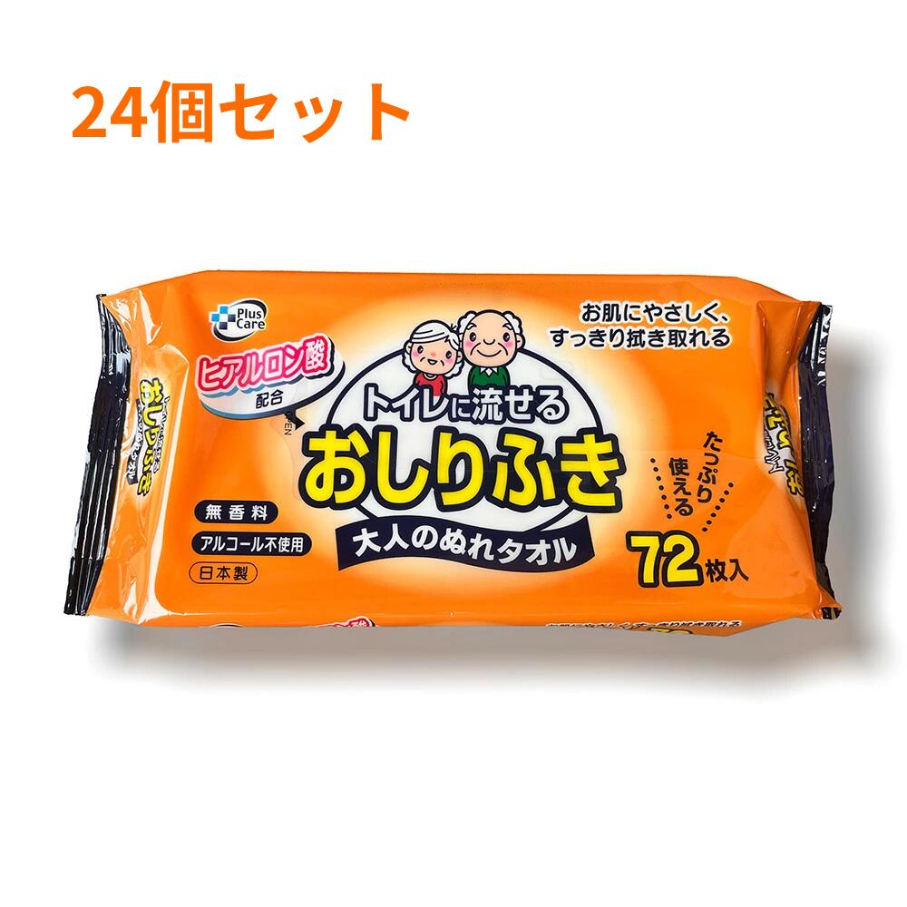 【プラスケア 大人用 トイレに流せるおしりふき（72枚入り×24個 ）】 ヒアルロン酸配合 ティー・エイチ・ティー トイレに流せる 1ケース 24個入り 無香料 日本製