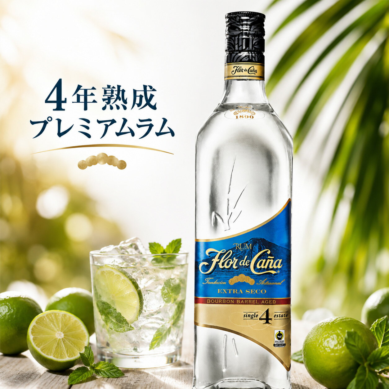 （Flor de Cana 4年 RUM） 40% 700ml のラム酒 プレミアムスピリッツ ホワイト カクテル お菓子 ウイスキー
