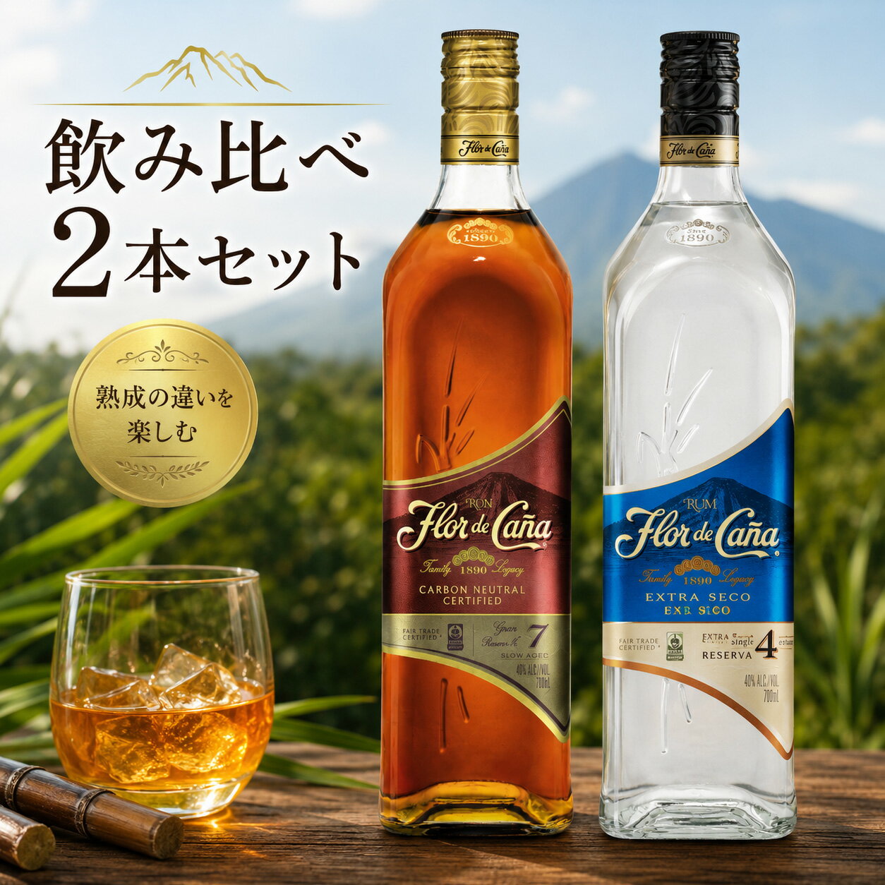 ギフト ラム酒 洋酒 プレゼント ギフトラッピング可 フロール デ カーニャ 4年・7年 700ml×各1本（Flor de Cana RUM）｜熟成の違いを楽しむ ラム酒 ニカラグア産 ギフト