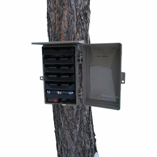 EX24C-6V2 単1電池バッテリーボックス EX24C-6V2 【20mケーブル】 商品説明 単1電池24本を設置してトレイルカメラの動作時間を大幅に伸ばすことができる外部電源装置です。 樹木に設置するためのラチェットストラップが標準で付属しておりますので現場環境に合わせて取付方法を選択できます。 猛禽類の営巣地観測などで樹冠部にカメラを設置し、地上に本製品を設置することで電池交換が容易になります。 例：ハイクカム SP2/LT4Gの場合、カメラ本体に設置できる単3電池12本と比べ約15倍長持ちします。 【EX24C-6V2】電圧計なし 新モデルのEX24C-6V2は電圧計を無くしてコストを抑え、WAGOコネクタを採用したことでオプションのケーブルを圧着無しでお客様自身で交換できるよう仕様を変更しました。標準で1.8mの電源ケーブルが付属しますが、オプションの10m、20m、30mケーブルから用途に合った長さのケーブルの追加が可能です。 構成品 ・EX24C-6V2本体　1台 ・ラチェットストラップ　1本 ※単1電池24本は付属しません。 オプション品 ・パイソンロック 5mm パイソンロックを併用することで盗難を防ぎます。 対象機種 ・ハイクカム LT4G ・ハイクカム CL4G ・ハイクカム SP2 仕様 ・単1電池4〜24本稼働 ・6V出力 ・電源ケーブル長 20m ・サイズ　ケース本体 29.5x19.6x15cm ・重量　約1.6kg (単1電池24本設置時 約3.9kg)
