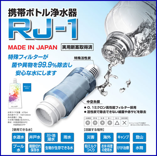 携帯ボトル浄水器【RJ-1】0.1ミクロン高性能フィルター採用登山・キャンプ・防災用品・海外旅行用