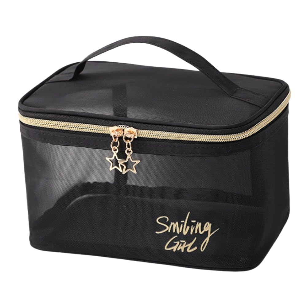 ideamall バニティポーチ メイクポーチ 化粧品収納バッグ メッシュ 自立式 大きめ かわいい おしゃれ ブラック