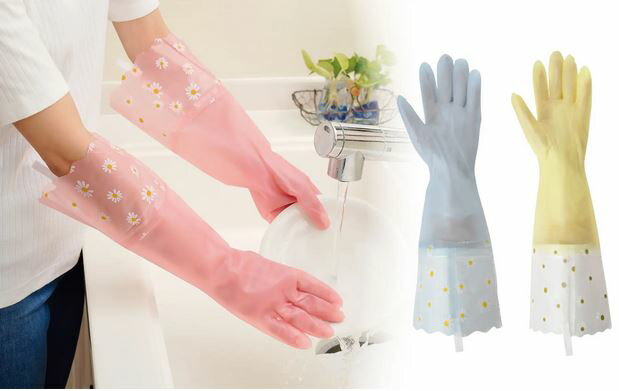 ゴム手袋 ロングタイプ　（2枚組）　おしゃれな花柄　水が入りにくい　スマホが使える　家事　掃除　ガーデニング　干す　便利　ひも付き