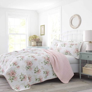 Laura Ashley ローラアシュレイ【クイーン】Honeysuckle パステルピンク ベッドキルトセット マルチカバー キルト 寝具 ベッドカバー ピロケース 枕カバー2枚 ベッドキルト ピローカバー 枕カバー ベットカバーセット 寝室 布団カバー