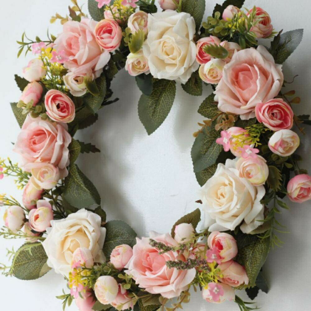 38cm リース 春の造花 牡丹 花のリース 母の日 玄関ドア ピンクのバラの花のドアリース 素朴なブドウの葉 家の装飾 インテリア