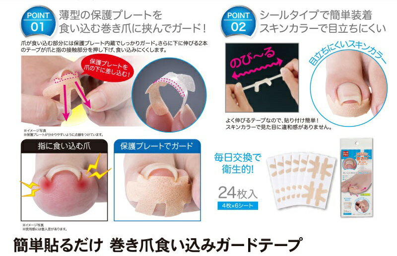 【定形外郵便　送料無料】『簡単貼るだけ　巻き爪食い込みガードテープ24枚入(4枚×6シート)』 2