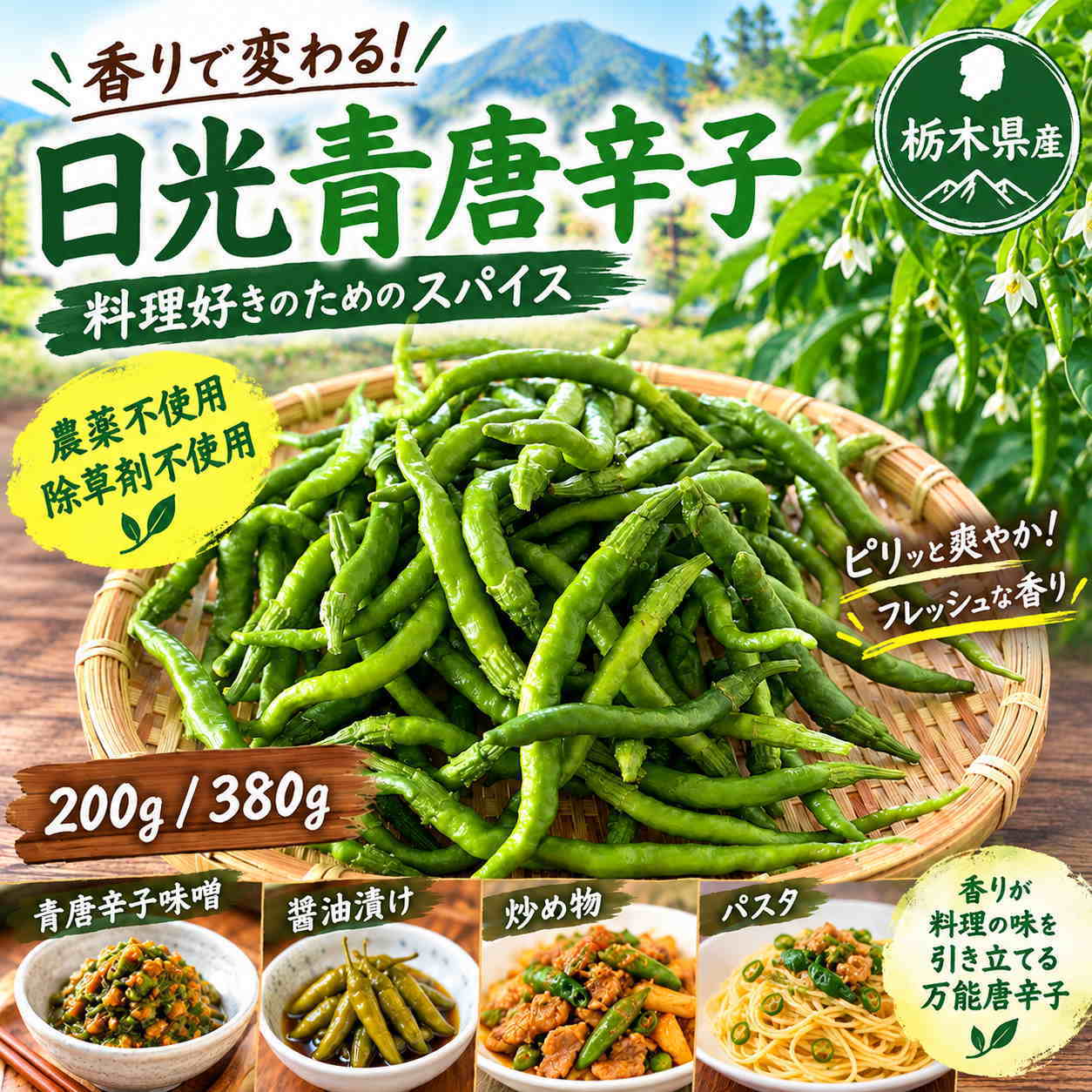 香りで変わる！日光青唐辛子　料理好きのためのスパイス 日光青唐辛子は、栃木県日光市周辺で古くから栽培されている、シワシワした細長い形が特徴の唐辛子です。 マイルドな辛味で食べやすく、青いうちは辛みが少なく、赤くなるにつれて辛さが増すため、好みの辛さで収穫を調整できます。 醤油漬けや炒め物、パスタなどに利用され、爽やかな香りもプラスされる万能な品種です 栃木県日光市で受け継がれてきた在来品種「日光唐辛子」を、熟す前の青い状態で収穫しました。 ピリッとした辛みと爽やかな香りが特徴で、薬味や漬物、炒め物などにぴったり。 赤唐辛子とはまた違った、フレッシュで爽快な風味をお楽しみいただけます。 ※地元日光市から取り寄せた種から育てた日光唐辛子です ※農薬不使用・除草剤不使用の安心で新鮮な青唐辛子をお届けします ※時期によってサイズが異なります。 ★生育状況や収穫状況を考慮しての販売になりますので、配達日のご指定やお急ぎの発送にも対応できません。あらかじめご了承ください。 【味の特徴】 ・青唐辛子ならではの爽やかな辛み ・生の状態でしか味わえないフレッシュな香り 辛さ：一般的な鷹の爪よりもややマイルドで、香りが良い。 　　　辛さの比較（スコヴィル値の目安） 　　　日光唐辛子：2,000〜5,000SHU 　 → ピリッと辛いが、料理の風味を壊さない程度。 　 　 すっきりとした辛みと、ほのかに甘みを感じる香り。 　 　 鷹の爪よりマイルドで、香りが立つのが好まれます ※辛さには個体差があり感じ方には個人差もございます。 【保存方法】 直射日光、高温多湿を避けて保存してください。 新鮮な状態で発送いたしますので、お受け取り後は冷蔵保存の上、お早めにご利用ください。 保存性：長期保存:風通しの良い場所で乾燥させることで、長期保存が可能です。 保存状態により青唐辛子→赤唐辛子に変化することがございますが、味の違いはございません。 ≪おすすめレシピ例≫ ・青唐辛子味噌：味噌と合わせてご飯のお供に ・醤油漬け：冷奴や麺類の薬味に ・漬物のアクセント：浅漬けに加えて爽やかな辛みをプラス ・炒め物・煮物：ピリッとした辛さで料理全体を引き締め 名称：日光唐辛子（生青唐辛子） 内容量：200g/380g 原産国名：日本（栃木県産） 【こんな方に愛用いただいてます】 こども 子供 小学生 中学生 大学生 メンズ レディース 父 お父さん 母 お母さん 両親 親 祖父 おじいちゃん 祖母 おばあちゃん 家族 妻 夫 主人 甥っ子 息子 娘 産後 友達 友人 恋人 健康　糖　ダイエット　ファスティング 減塩 夏バテ防止 ミネラル補給 【こんな時にご利用ください】【贈り物にもおススメです】 日常の贈り物：御見舞 退院祝い 全快祝い 快気祝い 快気内祝い 御挨拶 ごあいさつ 引 越しご挨拶 引っ越し お宮参り御祝　ギフト　プレゼント　誕生日　誕生日祝い　誕生日プレゼント 祝辞：合格祝い 進学内祝い 成人式 御成人御祝 卒業記念品 卒業祝い 御卒 業御祝 入学祝い 入学内祝い 小学校 中学校 高校 大学 就職祝い 社会 人 幼稚園 入園内祝い 御入園御祝 お祝い 御祝い 内祝い 金婚式御祝 銀婚式御祝 御結婚お祝い ご結婚御祝い 御結婚御祝 結婚祝い 結婚内 祝い 結婚式 引き出物 引出物 引き菓子 御出産御祝 ご出産御祝い 出 産御祝 出産祝い 出産内祝い 御新築祝 新築御祝 新築内祝い 祝御新 築 祝御誕生日 バースデー バースディ バースディー 七五三御祝 753 初 節句御祝 節句 昇進祝い 昇格祝い 就任 法人向け：御開店祝 開店御祝い 開店お祝い 開店祝い 御開業祝 周年記念 来客 お茶請け 御茶請け 異動 転勤 定年退職 退職 挨拶回り 転職 お餞別 贈 答品 粗品 粗菓 おもたせ 菓子折り 手土産 心ばかり 寸志 新歓 歓迎 送 迎 新年会 忘年会 二次会 記念品 景品 開院祝い お返し：御礼 お礼 謝礼 御返し お返し お祝い返し 御見舞御礼 料理： 肉料理　魚料理　味付け　おうちごはん　おうちご飯 お弁当 家庭料理 豚肉　牛肉 おにぎり おむすび 調味料 サラダ パスタ ランチ ディナー モーニング 朝食 夕食 昼食 韓国料理 キムチ 【使用場所】 キッチン 台所 シェフ レストラン キッチンカ― 料理 クッキング 外食 定食 焼肉 バーベキュー ダイエット ファスティング 虫よけ 【関連キーワード】 青唐辛子 青唐辛子味噌 青唐辛子明太子 青唐辛子醤油漬け 青唐辛子味噌ゆず 青唐辛子国産 青唐辛子苗 青唐辛子 とうがらし 無農薬 唐辛子スプレー 唐辛子粉 激辛 種 一味 七味 唐辛子 ジョロキア ハバネロ キャロライナリーパー カイエンペッパー チリ ペッパー 唐辛子粉 麻辣 カプサイシン マーラー シビ辛 辛い 旨辛 激辛 鬼辛 オイル 粉末 スパングルス 辛いラーメン スープ お菓子 ソース 食べ物 おつまみ 調味料 オリーブオイル 蕃椒（ばんしょう） チリペッパー/チリペッパー コショウ 鷹の爪 七味唐辛子 獅子唐 紅唐辛子 Capsicum annuum 保存用 保存食 唐芥子 南蛮漬け 晩夏 ナス科トウガラシ属 万願寺 ハラペーニョ グリーンチリ からみ『日光唐辛子』は 栃木県の日光市周辺で古くから作られている品種で、10から15cmの細長くてシワシワした実が特徴です。 人気の『日光唐辛子』とはどんな食材なのかご紹介します。 栃木県の名産品 『日光唐辛子』という名のとおり、古くから栃木県日光市周辺の名産として作られています。辛みが少なく、育てやすい万能唐辛子で、日本のロングセラー品種として親しまれています。 実の辛さは緑のうちは少なく、赤く熟すと増していきます。 産地による収穫時期の違い 『日光唐辛子』は育てやすい品種ですが、1つ注意するとすれば、播種時期が寒地と暖地で異なることです。 寒地で育てる場合は、3～8月（3・4月蒔きはハウス育苗）、暖地で育てる場合は1～8月（1・2・3月蒔きはハウス育苗）が適しています。 播種後80日～収穫が可能で、育ちがよく沢山の実が収穫できます。 なお収穫した『日光唐辛子』は、風通しの良いところで乾燥させれば長期保存が可能です。 『日光唐辛子』を含め唐辛子は、ナス科トウガラシ属の果実です。 唐辛子の実には健康や美容に良いとされる成分が多く含まれています。 ここでは辛味を楽しむだけではない、唐辛子が誇る様々なパワーをご紹介します。 カプサイシン 唐辛子に含まれるカプサイシンは、疲労回復、肥満予防、ダイエット効果などがあるといわれています。 また、血行を促進し、代謝が良くなるので冷え性、肩こり改善も期待できます。 意外と思われるかもしれませんが、唐辛子にはβ-カロテンやビタミンCといった栄養も含まれており、女性に嬉しい美肌効果もあります。 抗酸化作用や免疫賦活作用など、男女問わず嬉しい効果があるそうです。 ただ、食べすぎると胃の粘膜を傷つけるなど逆効果になることがあるので、摂り過ぎには注意が必要ですが、日々の食事に上手に取り入れて健康的な体作りに役立てましょう。
