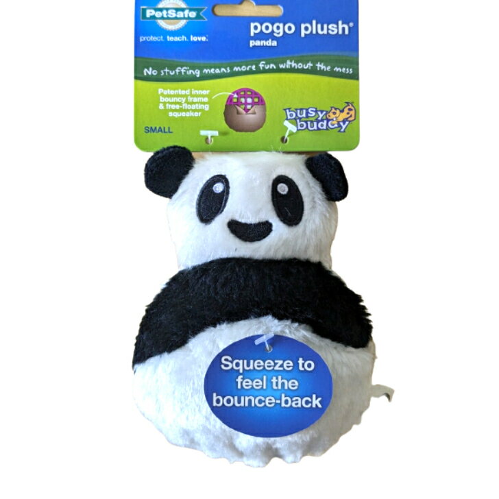 パンダ　ポゴプラッシュは丈夫なぬいぐるみ ぬいぐるみの中にはメッシュのかごが入っていて綿は入っていません かごの中には鳴き笛が入っていて咬むとキューと鳴きます