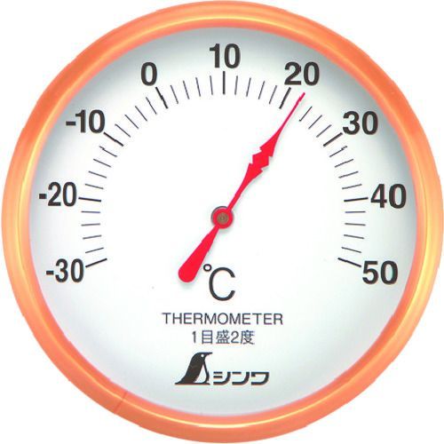 シンワ測定メーカーお問い合わせ：0120-666-899【特長】●健康管理や省エネに役立ちます。●一目でわかりやすい白文字板を採用しています。【用途】●温度の測定【仕様】●測定温度範囲(℃)：-30〜50●温度最小表示(℃)：2●精度：-21℃以下：±4℃、-20〜40℃：±2℃、41℃以上：±4℃●測定範囲：-30〜50℃【仕様2】●測定項目：温度【材質／仕上】●本体:スチロール樹脂●目盛板カバー:スチロール樹脂【注意】●用途以外使用しないでください。【原産国】中国