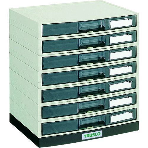 【特長】●前側にも後側にも引き出すことが可能です。【仕様】●間口(mm)：340●奥行(mm)：275●高さ(mm)：366●引出し：A4横浅型7個【仕様2】●鍵なしタイプ●本体色：グレー●引出し色：スモーク【材質／仕上】●本体・引出し:ポリスチレン（PS）樹脂【セット内容／付属品】●見出しカード（引出し1段につき2枚）【原産国】日本