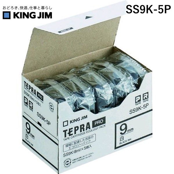 キングジムメーカーお問い合わせ：0120-79-8107【特長】●環境に優しいエコパックです。●包装材を減らし、廃棄物を削減しました。【用途】●テープのまとめ買いに。【仕様】●テープ色：白●テープ幅(mm)：9●テープ長さ(m)：8●文字色：黒●5個入り【仕様2】●エコマーク認定品●黒文字【材質／仕上】●テープ:PET●ケース:ABS【原産国】日本