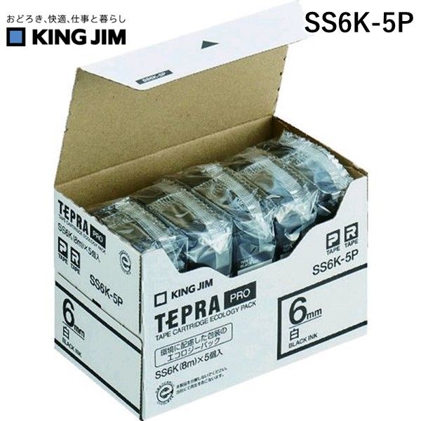 【即納在庫品】「直送」キングジム KING JIM SS6K-5P テプラPROテープカートリッジ テープ色：白 文字色：黒