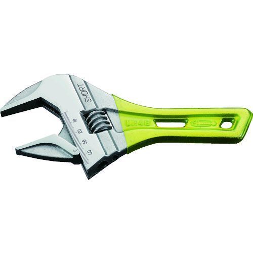 ロブテックスメーカーお問い合わせ：072-980-1111【特長】●ショートタイプのエビ印ハイブリッドモンキレンチです。●軽く、薄く、口開きワイドでスケルトングリップです。●ポケットにもすっぽり入る、手のひらサイズです。●込み入った狭い空間での作業に最適です。●目盛付です。【仕様】●色：イエロー●全長(mm)：185●口開き(mm)：0〜48●最大口開き(mm)：48●先端厚さ(mm)：8ボルト・ナット最大寸法：M30【材質／仕上】●特殊鋼【注意】●電気が流れているものには使用しないでください。グリップには絶縁機能はありません。●口の奥でボルトやナットの二面に口幅を確実に合わせてください。●下アゴ方向に回してください。●ハンマー代わりに使用したり、ハンマー等で叩いたりしないでください。【原産国】日本