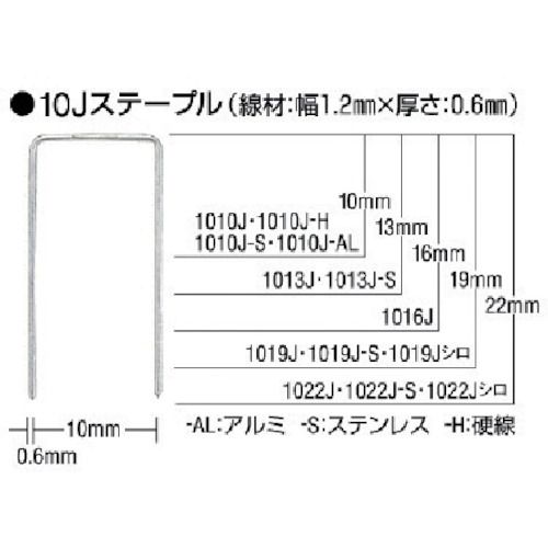 マックスメーカーお問い合わせ：06-6444-2035【特長】●タッカ用10Jステープルです。●JIS A 5556(工業用ステープル）1010J-H・1010J-ALのみJIS規格がありません。【仕様】●肩幅(mm)：10●足長(mm)：19●長さ(mm)：19●箱入数(本)：5000【仕様2】●MAX　ステンレスステープル　肩幅10mm　長さ19mm　5000本入り●線材：幅1.15MMX厚さ：0.6MM【材質／仕上】●ステンレス【原産国】日本