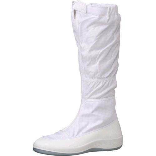 ミドリ安全メーカーお問い合わせ：048-989-3177【特長】●特殊な設計と素材を採用した靴底で、チッピングによる発じんを防ぎます。●脱着が容易なファスナータイプです。●クッション性と耐久性に優れたウレタン2層底です。●洗濯することができます。【仕様】●色：ホワイト●足幅サイズ：EE●寸法(cm)：23.5【仕様2】●JIS T 8103 ED-W/C2/人工皮革製合格●電気抵抗値：1.0×10［［の5−8乗］］Ω(23℃　C2)【材質／仕上】●甲被:人工皮革／ポリエステル●靴底:新発泡ポリウレタン2層【注意】●つま先保護性能（先芯）はありません。●クリーンパックではありません。【原産国】日本