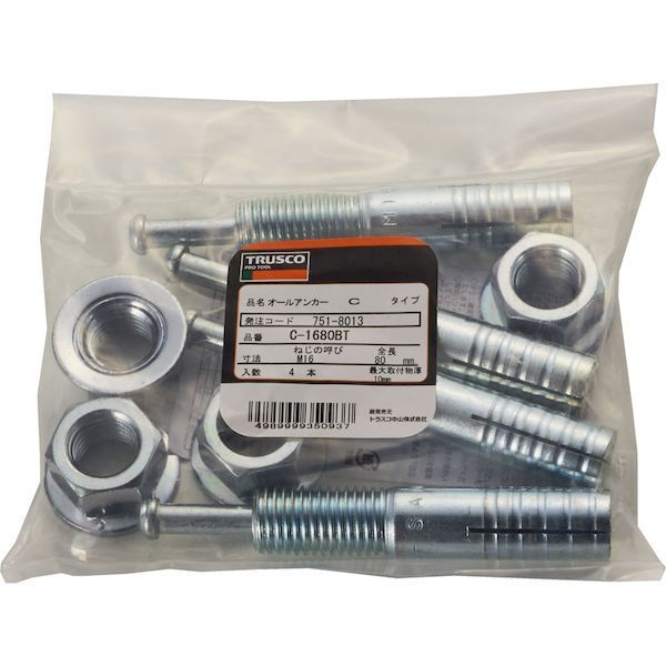 【即納在庫品】「直送」トラスコ中山 C1680BT オールアンカーCタイプ スチール M16X80 4本入 コンクリート用アンカー／芯棒打込み式