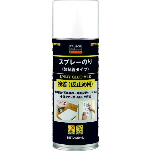【特長】●ソフトな粘着性能をもった特殊ゴム系の粘着剤です。【用途】●印刷物、写真、布の貼り付け。【仕様】●色：透明●容量(ml)：420●標準重ね塗り回数：1〜2回●標準塗布可能面積(［［M2］］)：10【仕様2】●エアゾールタイプ(キリ状)●標準塗布可能面積：10［［M2］］●スプレータイプ●1液性【材質／仕上】●ノルマルヘキサン【原産国】日本