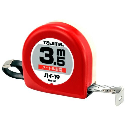 （株）TJMデザインメーカーお問い合わせ：0120-125577●目盛仕様：メートル目盛、JIS1級、両面目盛。●テープ幅：19mm。●テープ長さ：3.5m。●ヨンゴーゴーピッチ表示付。●ストラップ付。●ベルトクリップ付。●爪飛び防止用プロテクター付。●【用途】長さ測定用。●【機能・特長】スピーディな測定ができる、スタンダードタイプです。0点補正移動爪です。ショックアブソーバー付です。●【材質】テープ：SK85(旧SK5)。バネ：SK85(旧SK5)。ケース：ABS樹脂。4975364022615