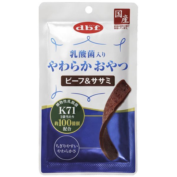 【商品説明】犬用 フード ドッグフード スナック おやつ お散歩 お出かけ ごほうび 鶏 鳥 ささみ ビーフ 牛肉 小分け 食べきり●愛犬の健康を保つ植物性乳酸菌K71を配合し、牛肉と鶏ささみをベースとした犬用おやつです。●指で簡単に曲がるほどやわらかいので、愛犬に合わせて色々な大きさにちぎることが出来ます。●この製品には1袋当たり約100億個の植物性乳酸菌K71を配合しています。●食品用のお肉を使用し、新潟の自社工場で製造しています。●原材料：牛肉、鶏ささみ、小麦粉、牛レバー、食塩、植物性乳酸菌K71、グリセリン(植物性)、甘味料(ソルビトール)、カルシウム、保存料(ソルビン酸K)、酸化防止剤(ビタミンC)、ビタミンE、発色剤(亜硝酸Na)●保証成分：粗たん白質18.0％以上、粗脂肪2.5％以上、粗繊維0.5％以下、粗灰分4.0％以下、水分46.0％以下、ナトリウム0.70％以下●エネルギー：225kcal/100g●給与方法：＜1日に与える量（目安)＞幼犬期（生後3ヶ月から）体重が1kg未満〜1枚、1〜3kg1〜2.5枚、3〜5kg2.5〜3.5枚。成犬期体重が3kg未満〜3.5枚、3〜5kg3.5〜5枚、5〜10kg5〜8.5枚。給与回数幼犬期2〜4回、成犬期1〜3回に分けて。幼犬期は1日の必要エネルギーの1割以内、成犬期は2割以内を目安にしています。ペットの運動量、体調を考慮して量を調整してください。●賞味期限：18ヶ月●原産国または製造地：日本●諸注意：カルシウム等のミネラルが結晶化して、表面に付着することがありますが、品質には問題ありません。着色料無添加のため、多少の色むらが生じることがありますが、品質には問題ありません。開封後は冷蔵庫で保管し、早めに与えてください。直射日光や高温多湿の場所を避けて保存して下さい。4970501032878