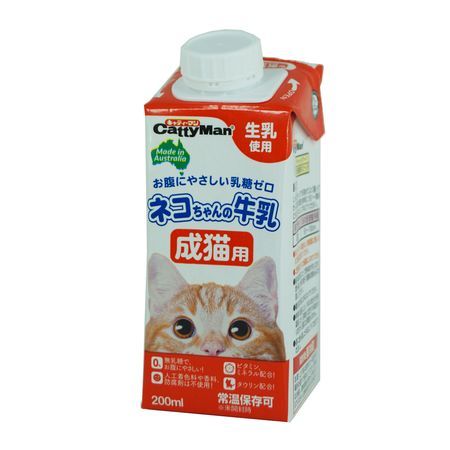 【商品説明】■オーストラリア産の生乳から作った、生乳そのままの風味が生きている成猫用の牛乳です。■おなかにやさしい乳糖ゼロ。製造過程で乳糖を完全分解しました。■人口着色料や香料、防腐剤を使用せず、生乳の旨さを最大限引き出しています。■ビタミン、ミネラル、カルシウム、そして食物からの摂取が頼りの必須栄養素タウリン配合。成猫の健全な生活をサポートします。■成猫期にぴったりな成分調整の毎日おいしく与えられる牛乳です。■蓋のできる便利な注ぎ口付き。■原材料：乳類(生乳、脱脂乳、乳清たん白)、植物油脂、増粘多糖類、乳糖分解酵素、ミネラル類(カルシウム、カリウム、マグネシウム、リン、鉄)、乳化剤、ビタミン類(A、B1、B2、C、D、E)、タウリン■保証成分：粗たん白質2.6％以上、粗脂肪3.5％以上、粗繊維1.0％以下、粗灰分2.0％以下、水分93.0％以下■エネルギー：60kcal/100g■1日の目安給与量：成猫/50〜100ml■賞味期限：12ヶ月■原産国または製造地：オーストラリア■諸注意：■冷えすぎているとお腹をこわす場合がありますので、別容器に移し替えて適温に温めてから与えてください。・ご使用後はすぐに冷蔵庫に入れてください。・給与量は猫によって個体差が生じます。飲み残しや便の様子、健康状態をみて調節してください。・離乳前の猫には与えないでください。・時間の経過により牛乳の成分が、分解、凝固したり、変色することがありますが、品質には問題ありません。・器にのみ残した牛乳は、すぐに捨ててください。■ペット 猫 ミルク 乳 みるく 牛乳 牛 成猫 アダルト4974926010336