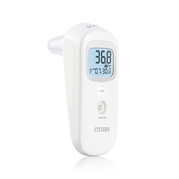 耳・額検温のほか、物体表面温度や室温も測定可能！各種測定モードをアイコンでお知らせします。●赤外線で約1秒のすばやい検温。赤ちゃんや、ご高齢者の検温や、短時間でたくさんの方を検温したいときなどに便利です。●測りやすい形と安全に配慮したデザイン。●耳検温時に使い捨てのプローブカバーが必要なく経済的にご使用いただけます。●暗い部屋での測定も結果が見やすいバックライト機能を搭載。測定終了時に約5秒間点灯します。●測定結果が37.5度以上の場合、「ピーピピピ」とブザーが鳴り発熱をお知らせします。(耳、額測定モードのみ)●体温測定結果、測定日時、測定モード(耳または額)を9回分メモリーします。●電源／メモリースイッチを押さなくても、約1分後に自動的に電源がオフになります。●電池交換可能(CR2032×1個)。電池蓋は手で開閉でき、開けた際に電池が飛び出すことのない安心構造になっています。小さなお子さまなどの誤飲を防ぐため、電池を取り外すにはピンなどを使う仕組みになっています。この商品は、”管理医療機器”です。販売するには、医療機器の届出が必要です。【管理医療機器】(耳・皮膚赤外線体温計)医療機器認証番号：230ADBZX00100000（医療機器の販売許可書がないと販売出来ません。）【仕様】測定方式：赤外線検温部位：耳内、額定格および電源：DC3.0V直流、CR2032×1個電池寿命：約2800回体温表示：数字3桁+度表示単位：0.1度最大許容誤差：　耳・額測定モード※・・・±0.2度(35.0度〜42.0度)、±0.3℃(前述の温度以外の測定範囲)　物体表面測定モード※・・・±0.3度(22度〜42.2度)、±4％又は±2度の大きい方(前述の温度以外の測定範囲)　※室内23℃にて黒体炉を使用した場合　室温測定モード・・・±1度測温範囲：　耳・額測定モード・・・34.0度〜42.2度　物体表面測定モード・・・-22度〜80度　室温測定モード・・・10度〜40度付加機能：9回分メモリー、自動電源OFF、バックライト使用環境：周囲温度 耳内10度〜40度／額15度〜40度、相対湿度 85％RH以下保管条件：周囲温度 -20度〜50度、相対湿度 85％RH以下寸法：約45(幅)×106(高さ)×61.2(奥行)mm質量：約63g(電池含む)【注意事項】・ご使用前に、取扱説明書をよくお読みください。また、本製品をご使用になる前に室温にしばらく(15分程)なじませてからご使用ください。