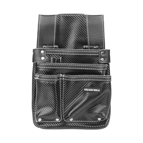 【商品説明】【用途】釘、ビス、道具の収納。【機能・特徴】ベルト通し部分はスリットが入っておりサポートベルトにつけやすくなっています。開口部は補強リベットがあり耐久性アップと型崩れを防止します。【仕様】●色：ブラック。【材質】●カーボンレザー。収納用品 腰袋 サック革釘袋