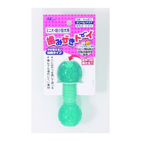 【商品説明】●穴におやつを隠せる知育タイプの玩具。●噛んで遊びやすい形状のデンタル玩具。●汚れても水洗い出来るので衛生的。●弾力性があり、噛む事で歯の汚れを取り除く事ができる。●材質：TPR樹脂●本体サイズ：W35×H93×D35mm●適応種：ミニ犬・超小型犬(体重4kgまで)●かたさ：ソフト●原産国または製造地：中国●犬用 おもちゃ 玩具 トイ デンタルケア ダンベル 知育