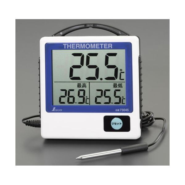 ●分解能…0.1℃●測定精度…±1℃(0〜40℃)、±2℃(その他の範囲)●最高最低現在温度表示機能付●電源…単4電池×1本(付属)●サイズ…129×24.5×117mm●重量…215g●外部センサー…センサー：φ5×50mm、コード長：3m●温度センサーは地面に差し込んで使えるプローブ型です。●測定範囲…-50〜90℃●※付属電池はテスト電池ですので新しい電池をご購入下さい。●防水構造…本体：IPX4、温度センサー部：IPX7※防水仕様とはなりますが、本体は湿気が多い場所に長時間晒されると故障の原因となる為、浴室などの湿気の多い場所などはお控え下さい。