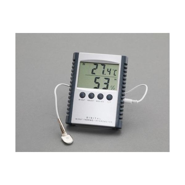 ●測定範囲…室内温度:−10〜50℃室外温度:−50〜70℃湿度:20〜99％RH●分解能…温度：0.1℃湿度：1％RH●精度…温度計：± 1°C 湿度計：±8%●サイズ…78(W)×19(D)×97(H)mm●電源…単4電池×1個(付属)●重量…95g●センサーコード長…2m●最高最低温度表示付●※付属電池はテスト電池ですので新しい電池をご購入下さい。