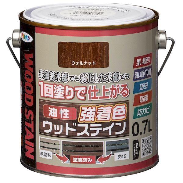 【商品説明】●油性タイプの屋外木部用塗料●防虫、防腐、防カビ効果があります。●着色力が強く、1回塗りの油性塗料です。●用途：ログハウス、ウッドデッキ、天戸、羽目板、板壁、ラティス、ガーデン木製品など●規格：0．7L●色：ウォルナット