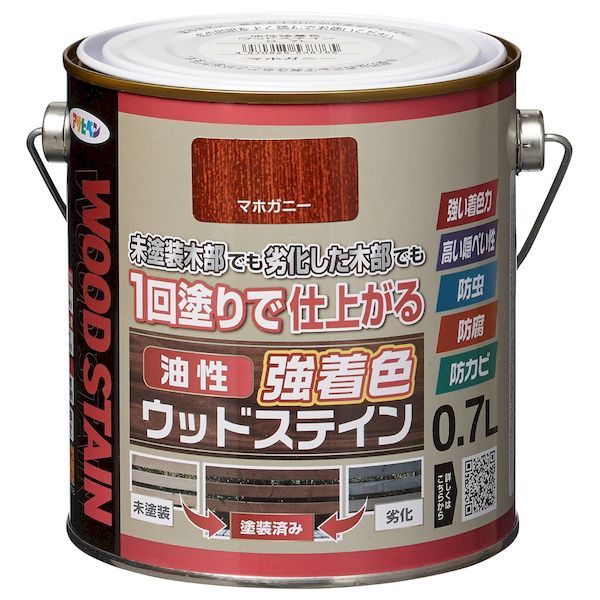 【商品説明】●油性タイプの屋外木部用塗料●防虫、防腐、防カビ効果があります。●着色力が強く、1回塗りの油性塗料です。●用途：ログハウス、ウッドデッキ、天戸、羽目板、板壁、ラティス、ガーデン木製品など●規格：0．7L●色：マホガニー