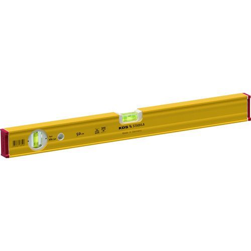 ムラテックKDSメーカーお問い合わせ：0120-34-2381【特長】●ねじれ・曲がりに強い剛性1.5倍のリブ付強化ボディーを採用しました。●耐衝撃性に優れたラバーエンドキャップ付です。●気泡管はレベルブロックとエポキシ樹脂で正確に本体内部で完全固定されています。●温度変化・衝撃に強い肉厚アクリル気泡管を採用しています。●本体は傷に強い電着塗装仕上げです。●気泡管の狂いに対して5年間保証付です。【用途】●水平・垂直測定に【仕様】●長さ(mm)：500●高さ(mm)：50●厚さ(mm)：26●マグネット：なし●色：イエロー●本体色：イエロー●気泡管色：イエロー●サイドプロテクター：あり●精度：精度:±0.5mm/m＝±0.029°以内(通常測定時)●測定面溝：なし●蓄光シート：なし●表面処理：電着塗装【仕様2】●精度:±0.5mm/m＝±0.029°以内(通常測定時)●精度:±0.75mm/m＝±0.043°以内(オーバーヘッド測定時)【材質／仕上】●本体:アルミニウム●気泡管:アクリル樹脂【注意】●気泡管の色抜け・衝撃痕のあるものは保証対象外です。●保証を受けるには保証書のご提示が必要です。【原産国】ドイツ