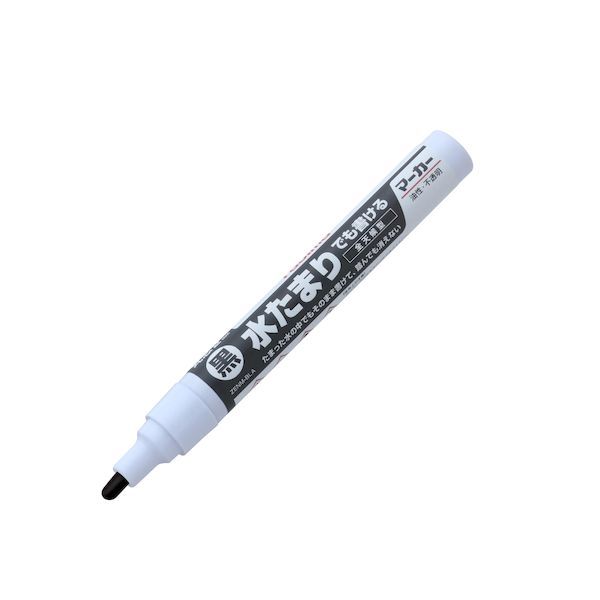 【商品説明】●水中でも筆記できる油性特殊インクを採用。筆記している時、濡れた箇所にかかっても筆記不能や文字ズレをおこすことがなく作業を中断させません。●芯は線幅2mm丸芯で先端はアール形の＜中字＞です。耐久芯のため電気、設備、配管、埋設管、コンパネ、コンクリートへのマーキングで先端がヘタリません。●インク色は黒・赤・白・青・蛍光黄・蛍光ピンクの計6色。踏んでも擦ってもかすれにくい高耐久インクを採用しました。金属、プラスチック、コンクリート、発泡スチロールなどへの筆記に適性があります。●形状は長さ141mm、直径15mm（キャップ時）、重量18g。 ●仕様●芯の太さ：中字2mm●芯先：丸芯